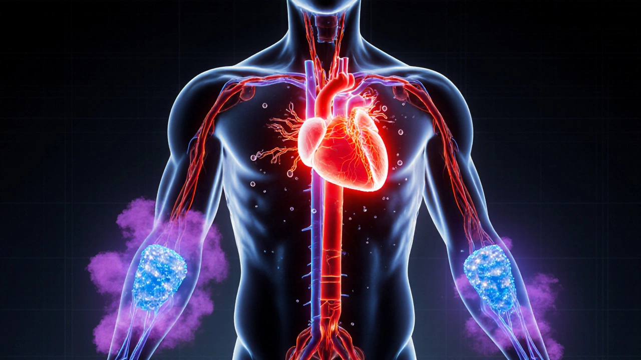 Anatomical illustration highlighting heart, fast‑twitch muscles, oxygen, and cortisol during HIIT.