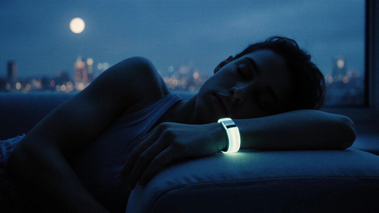 Athlete at night wearing an Oura Ring and Whoop Strap, resting on a couch under moonlight, highlighting sleep tracking.
