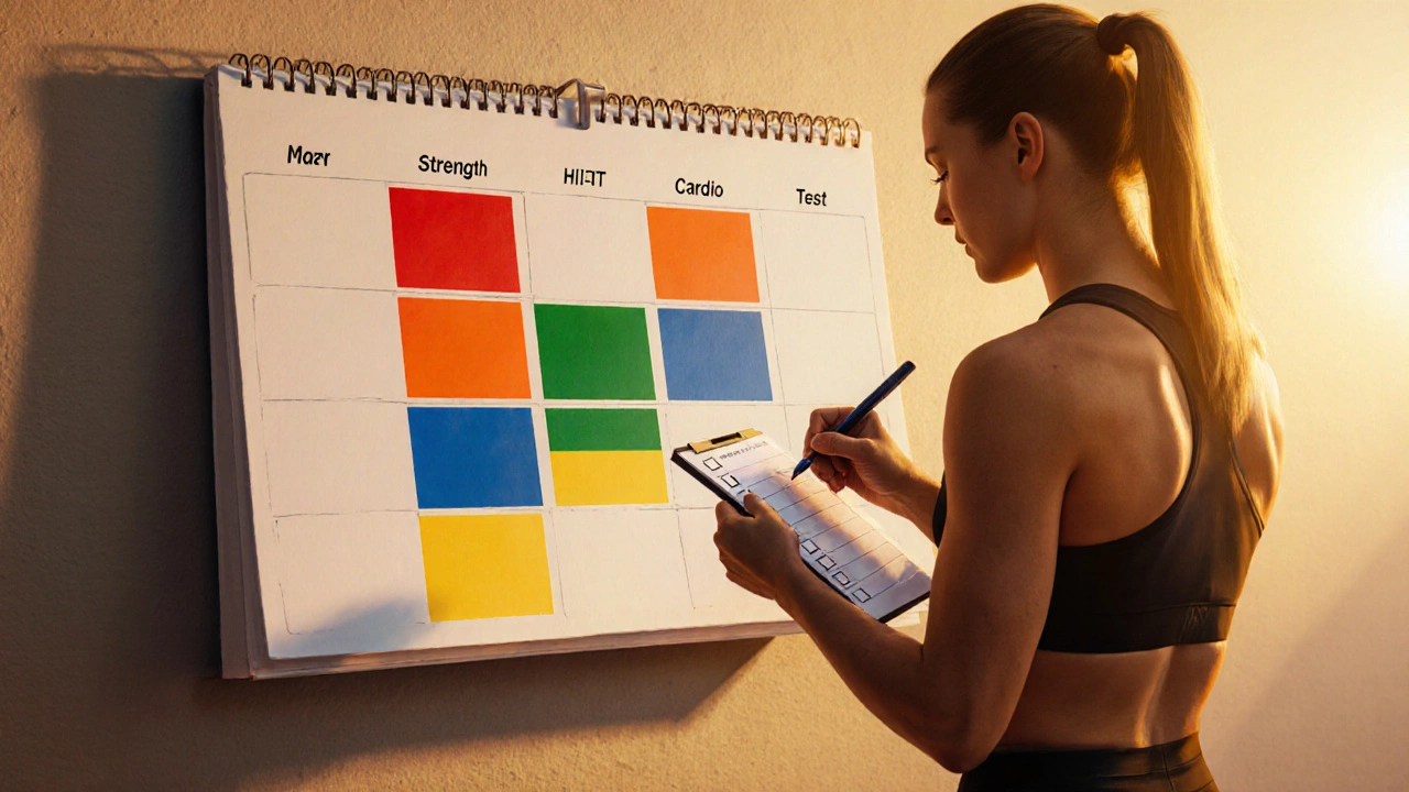 Athlete checking a progress list beside a weekly calendar with colored workout blocks.