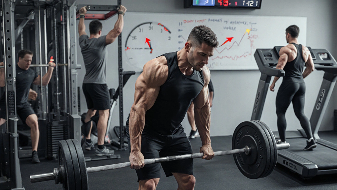 Athlete deadlifting in a gym with surrounding equipment and a timer showing 45 minutes.