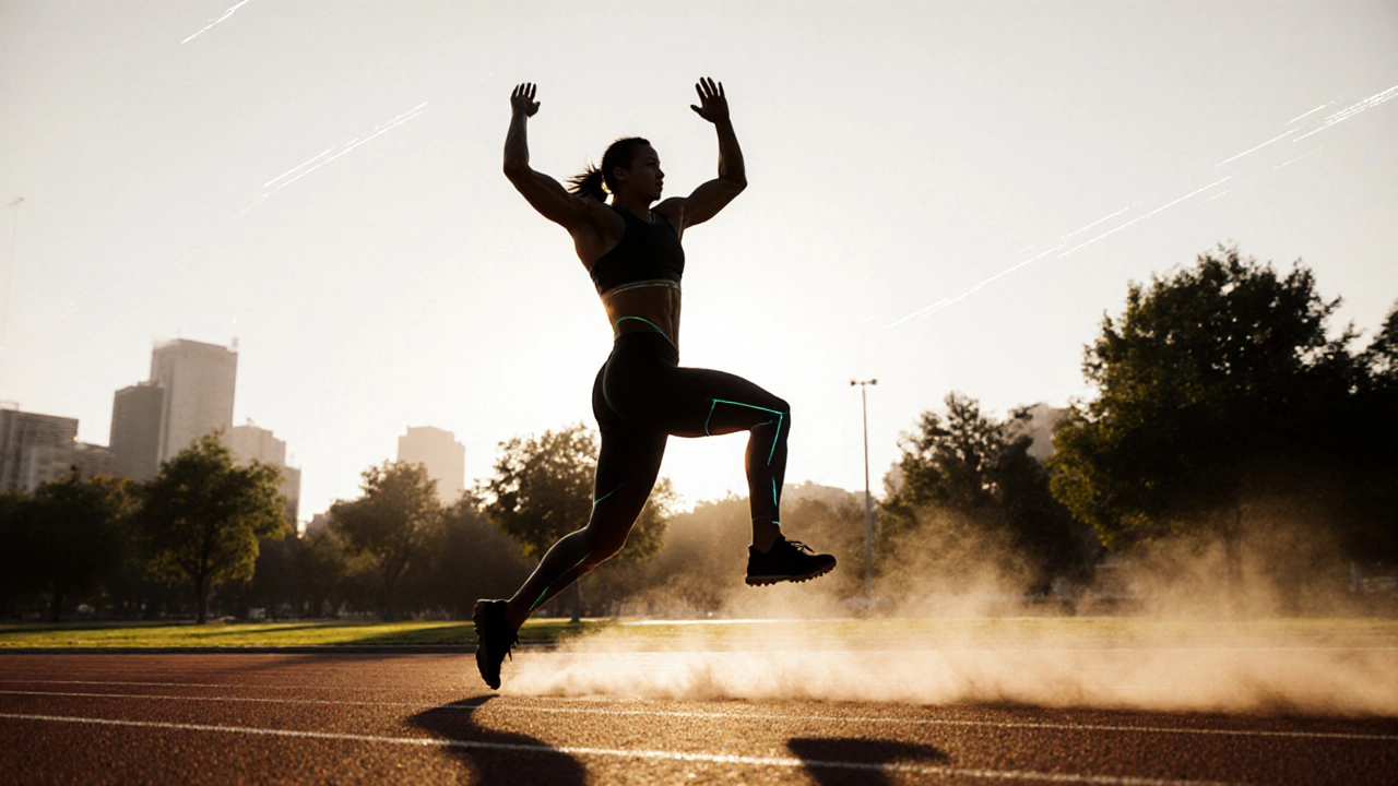 Athlete in mid‑burpee jump transitioning to a sprint in a sunrise park, core muscles emphasized.