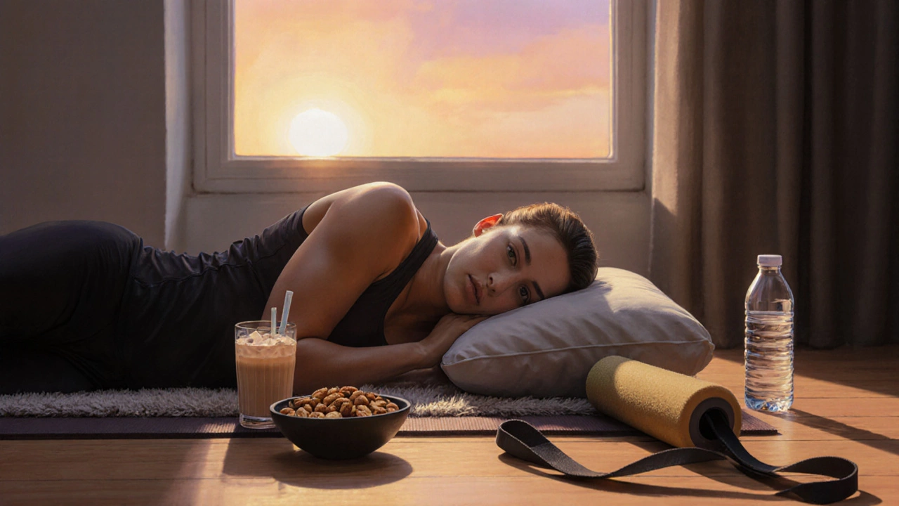 Calm recovery scene with an athlete resting, protein shake, and foam roller.