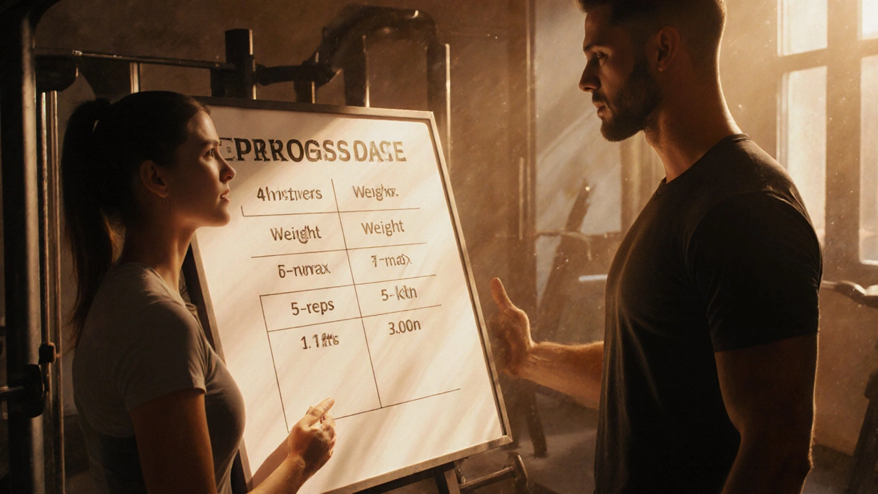 Client and trainer review progress board showing improved stats.