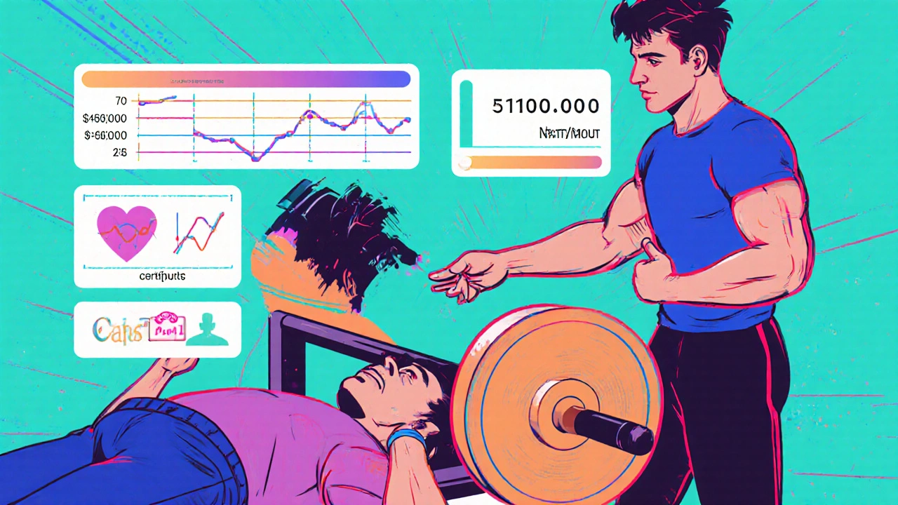 Client bench presses while trainer guides; UI overlays show progress.