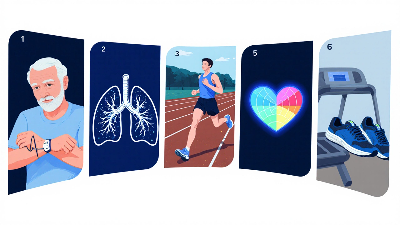 Collage of five running factors: age, VO2, intervals, heart zones, shoes.