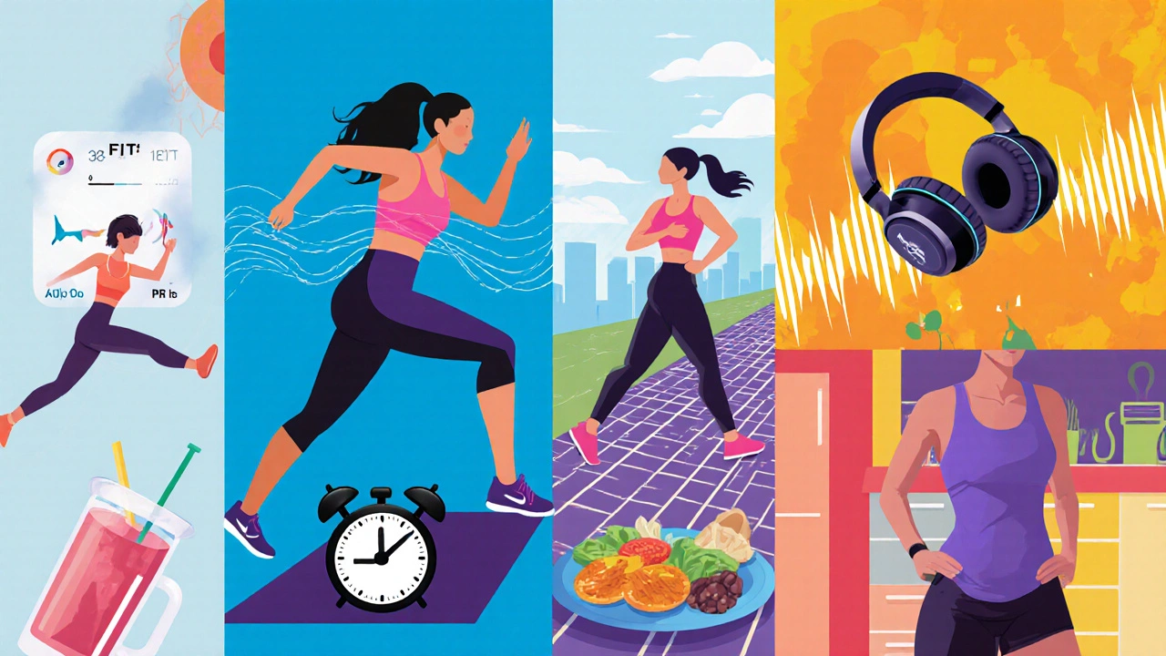 Collage of five scenes: HIIT, yoga, audio training, strength, meal prep.