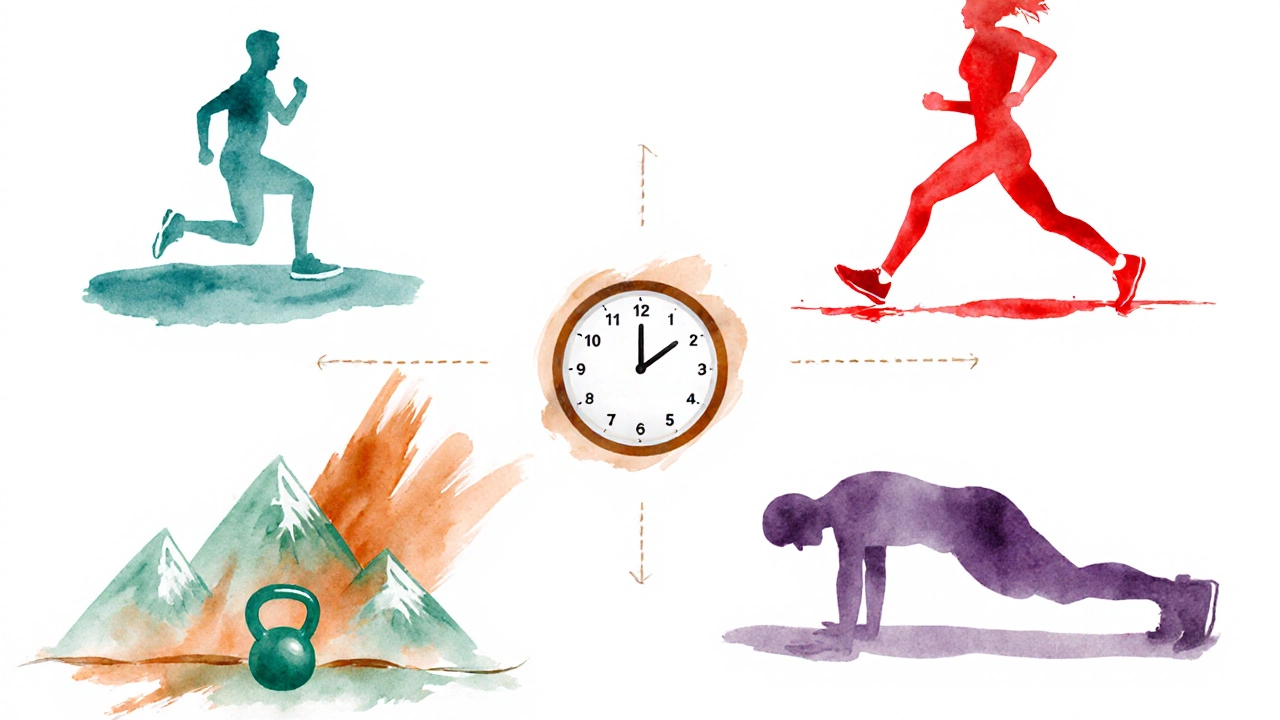 Collage showing a 15‑minute HIIT routine: warm‑up, burpee‑sprint, mountain climbers, kettlebell swings, and plank.