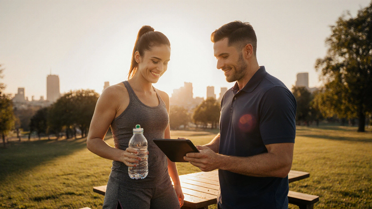 Fit client and trainer celebrating progress outdoors after weeks of training.