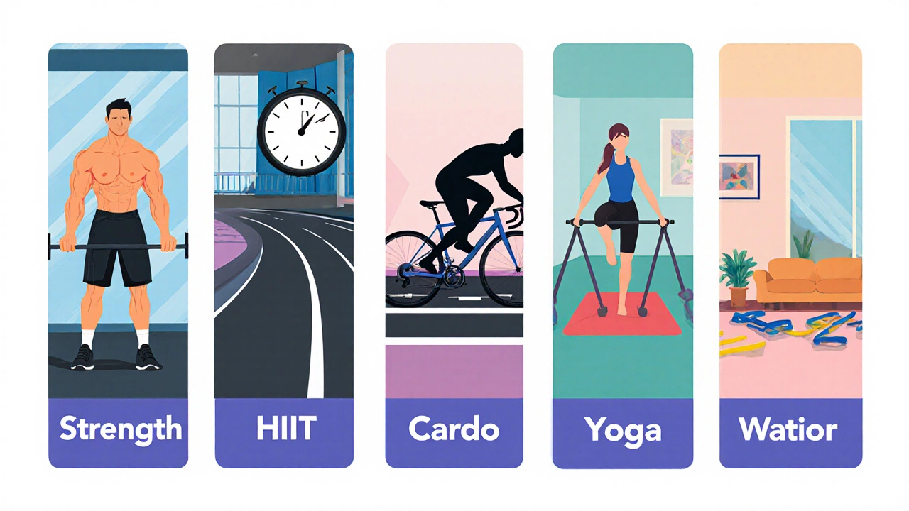 Five‑column illustration showing strength training, HIIT, cardio, yoga, and home workout scenes.