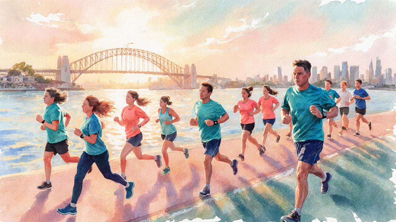 Group of diverse runners along Sydney's Bay Run at sunrise, one monitoring heart rate.