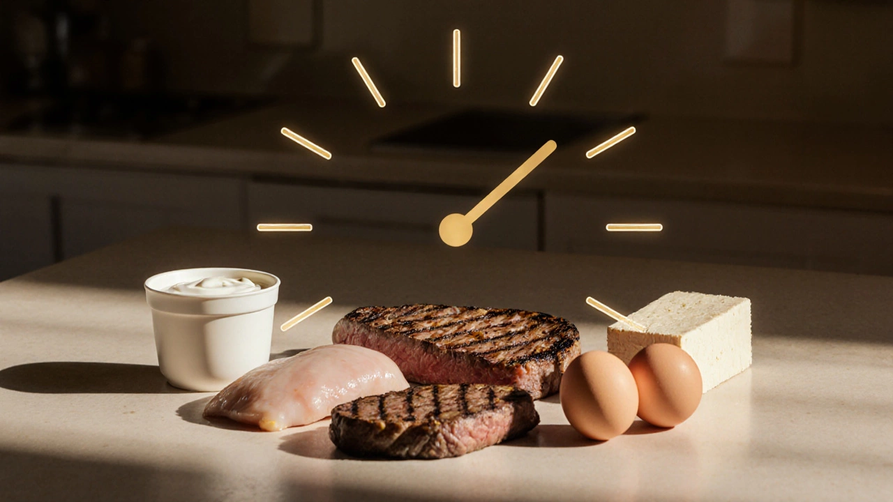 Illustrated arrangement of leucine‑rich foods with a subtle clock indicating meal timing.