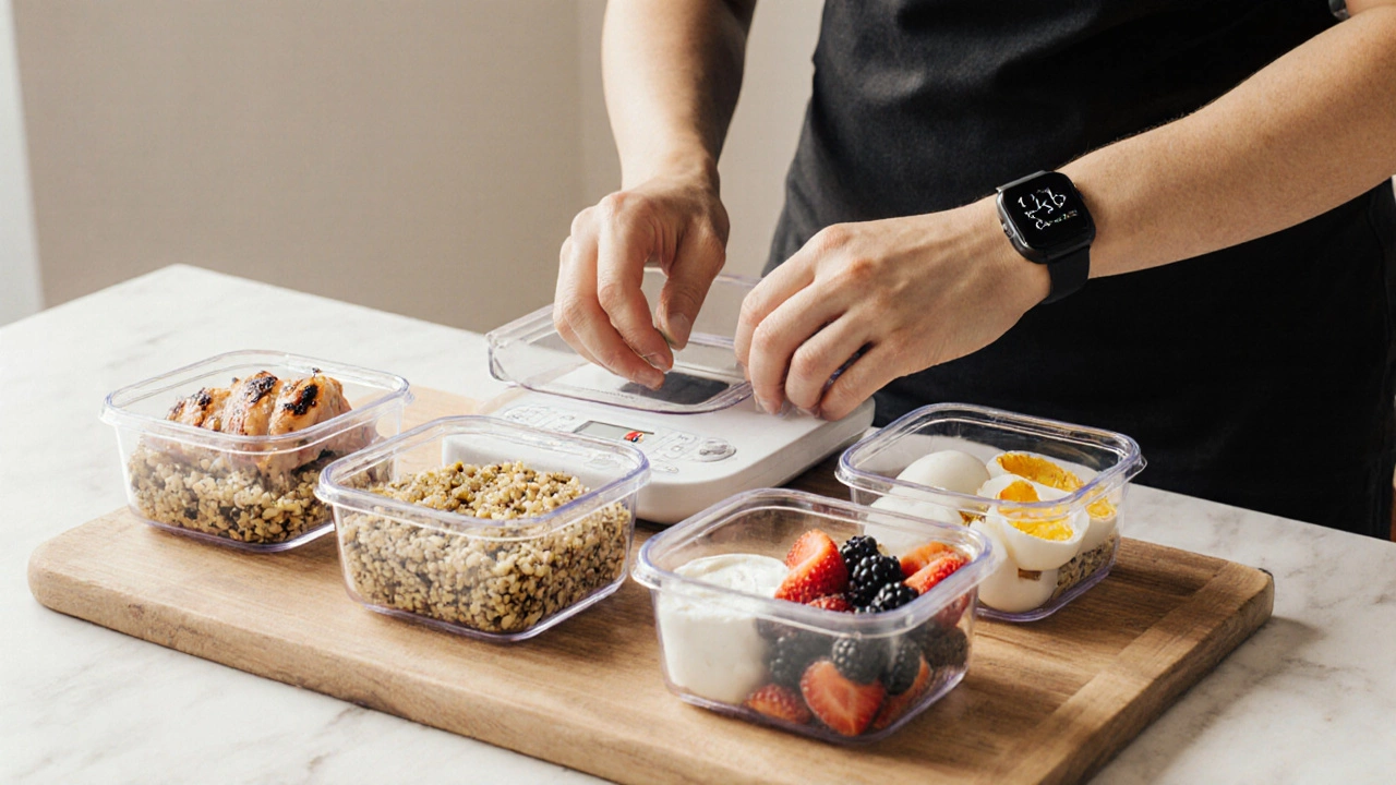 Kitchen prep scene with protein meal containers and a person measuring portions.