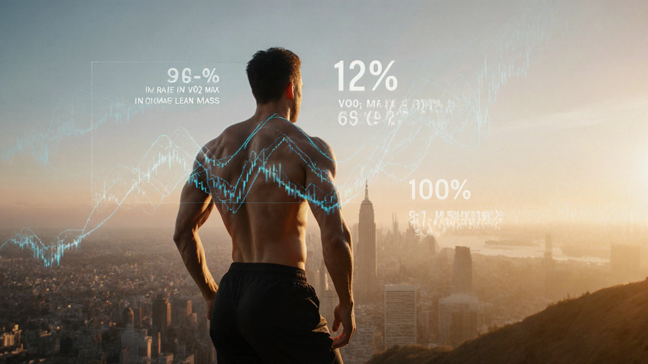 Person on sunrise hilltop with glowing muscles and overlay of fitness progress stats.