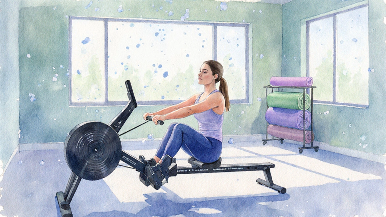 Person rowing on a low‑impact machine in a softly lit studio with pastel colors.