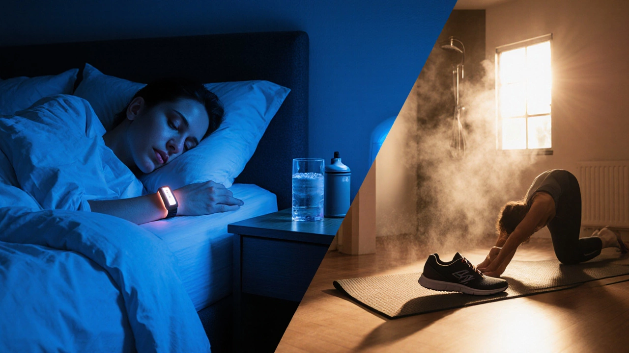 Recovery scene showing sleep with HRV monitor, protein shake, and a yoga/stretch area with a shower.