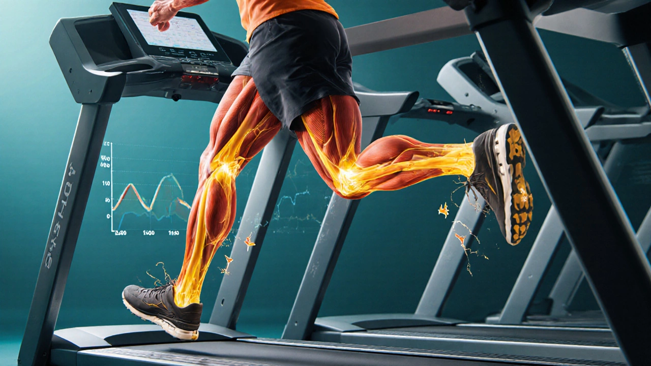 Runner on treadmill with highlighted stressed muscles and joint stress marks.
