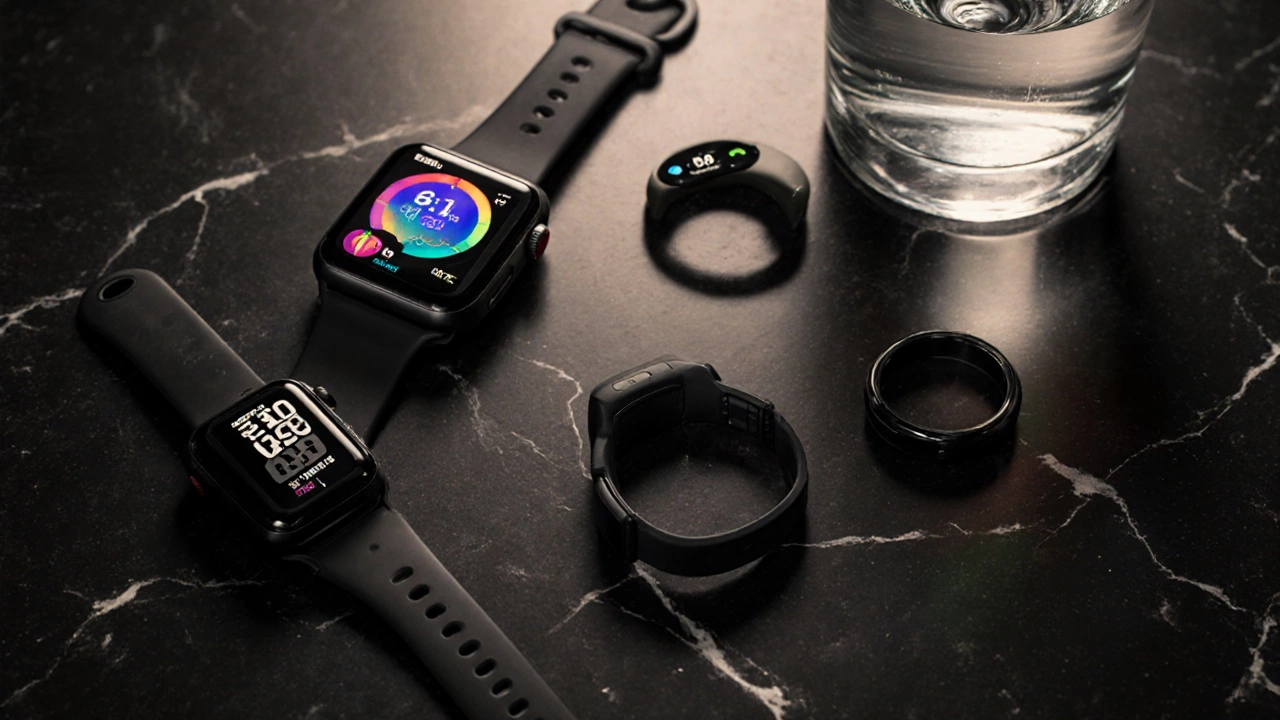 Selection of top fitness trackers displayed on a black marble surface, including Apple Watch, Garmin Venu, Mi Band, Whoop, and Oura Ring.