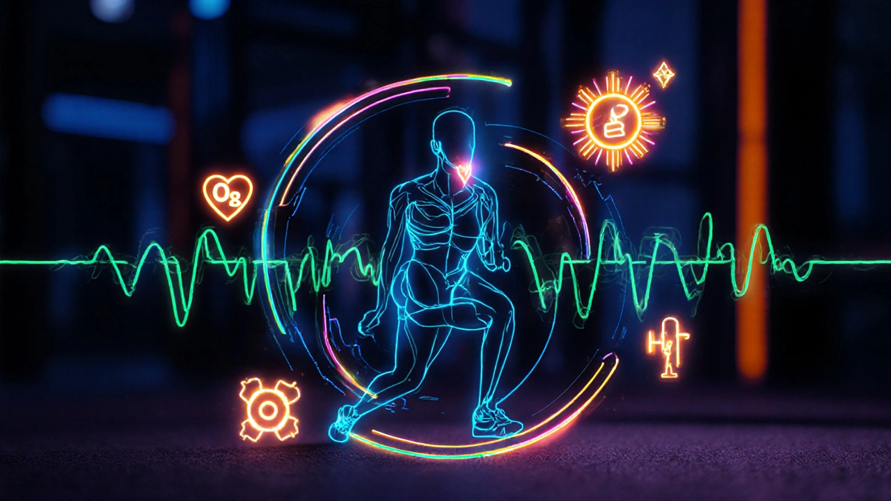Silhouette doing a burpee surrounded by glowing heart, oxygen, and hormone symbols.