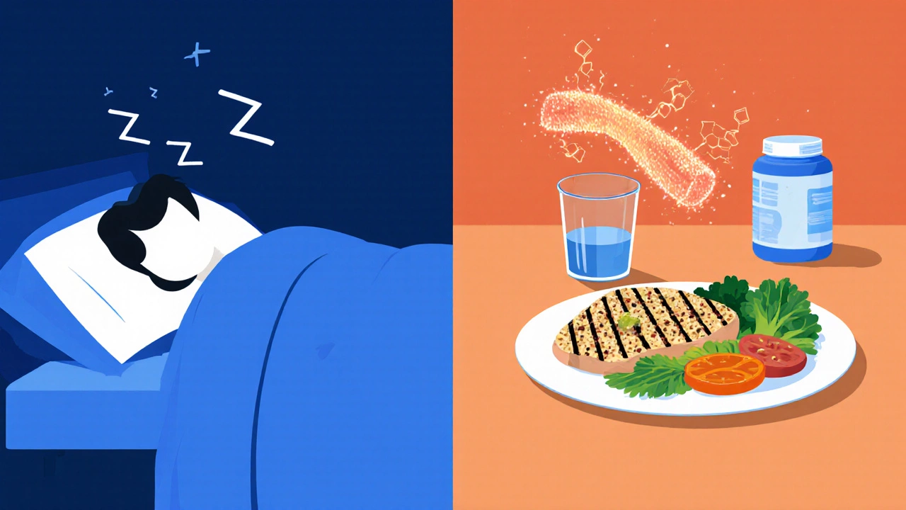Split illustration showing sleep on one side and a protein‑rich meal on the other.