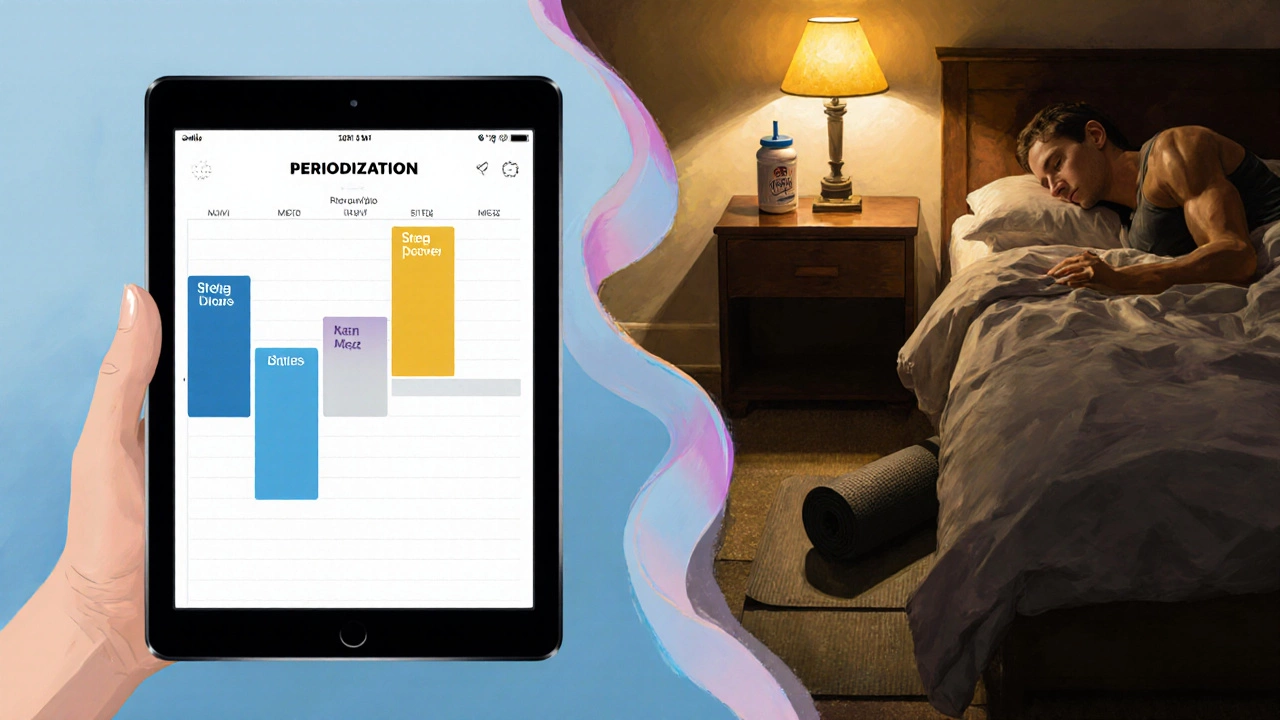 Split scene of a periodization calendar on a tablet and a peaceful bedroom with sleep and recovery items.