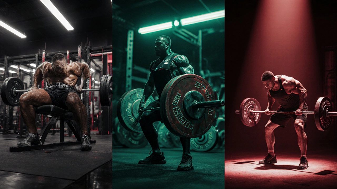 Split-screen of three athletes bench pressing, deadlifting, and squatting in a gym.