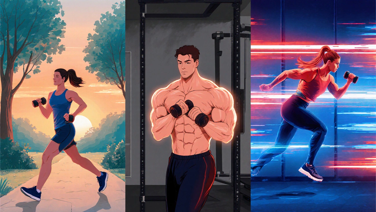 Three panels showing walking, weightlifting, and HIIT exercises.