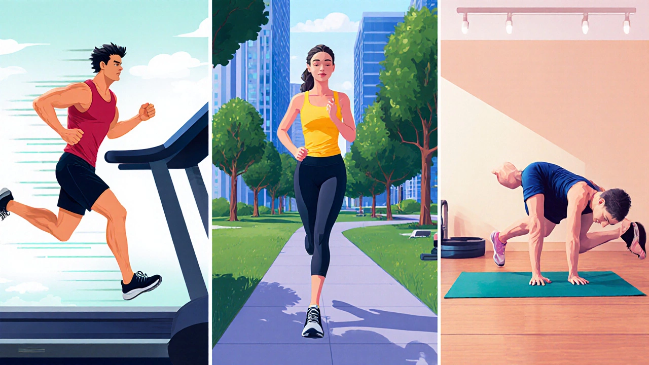 Three people performing sprint, brisk walk, and bodyweight circuit.