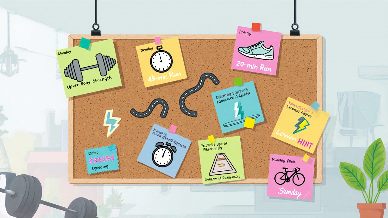 Top‑down view of a weekly workout board with colorful icons for each training day.