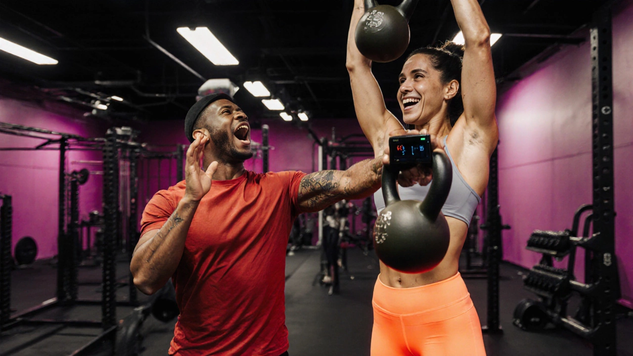 Trainer motivating a client performing kettlebell swings in a HIIT circuit.