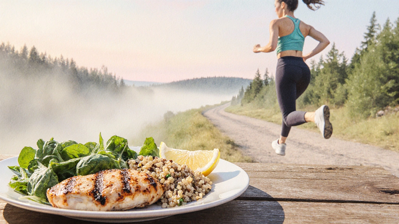 Watercolor of balanced plate with protein, veggies, grains beside a woman running on a misty dawn trail.