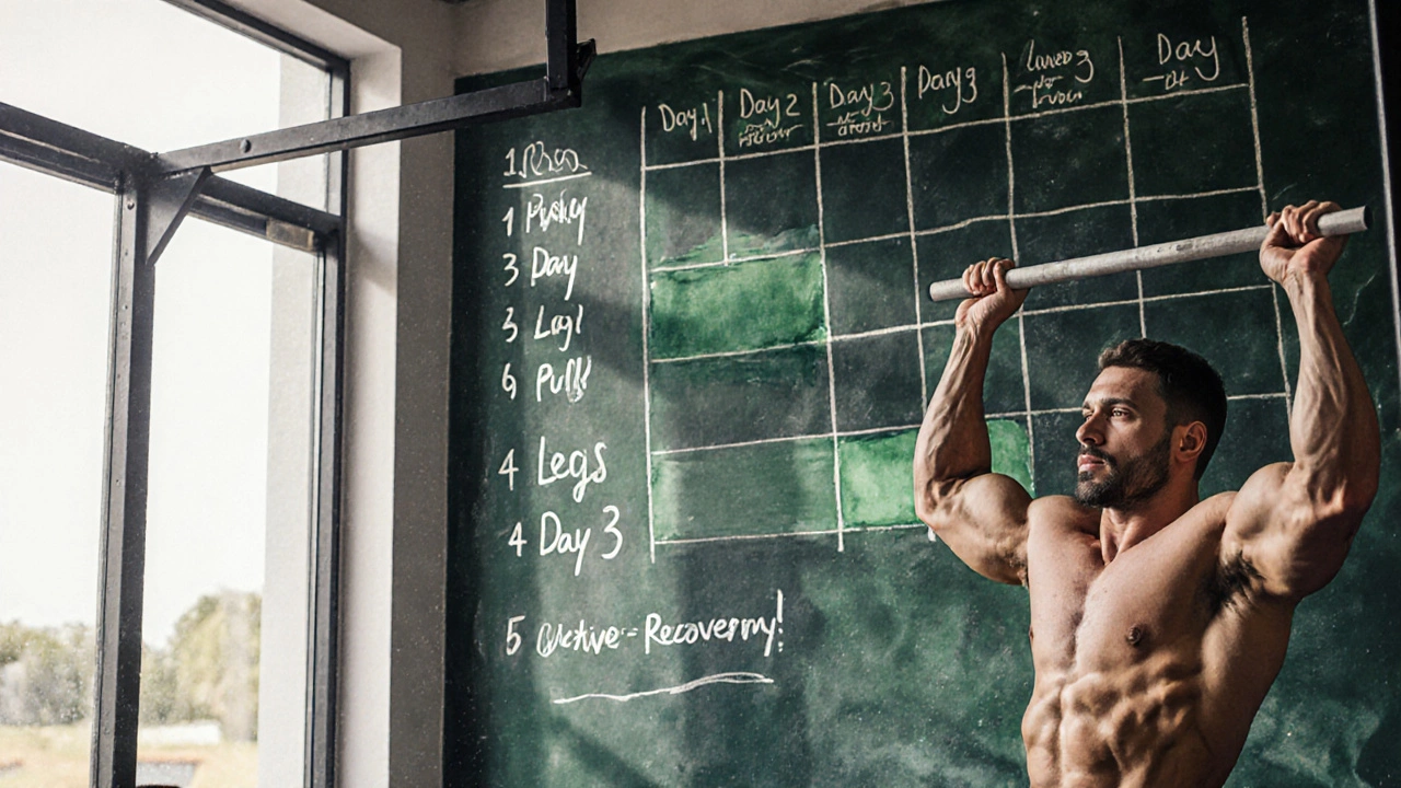Watercolor scene of a chalkboard 5‑day workout schedule with a lifter doing pull‑ups.