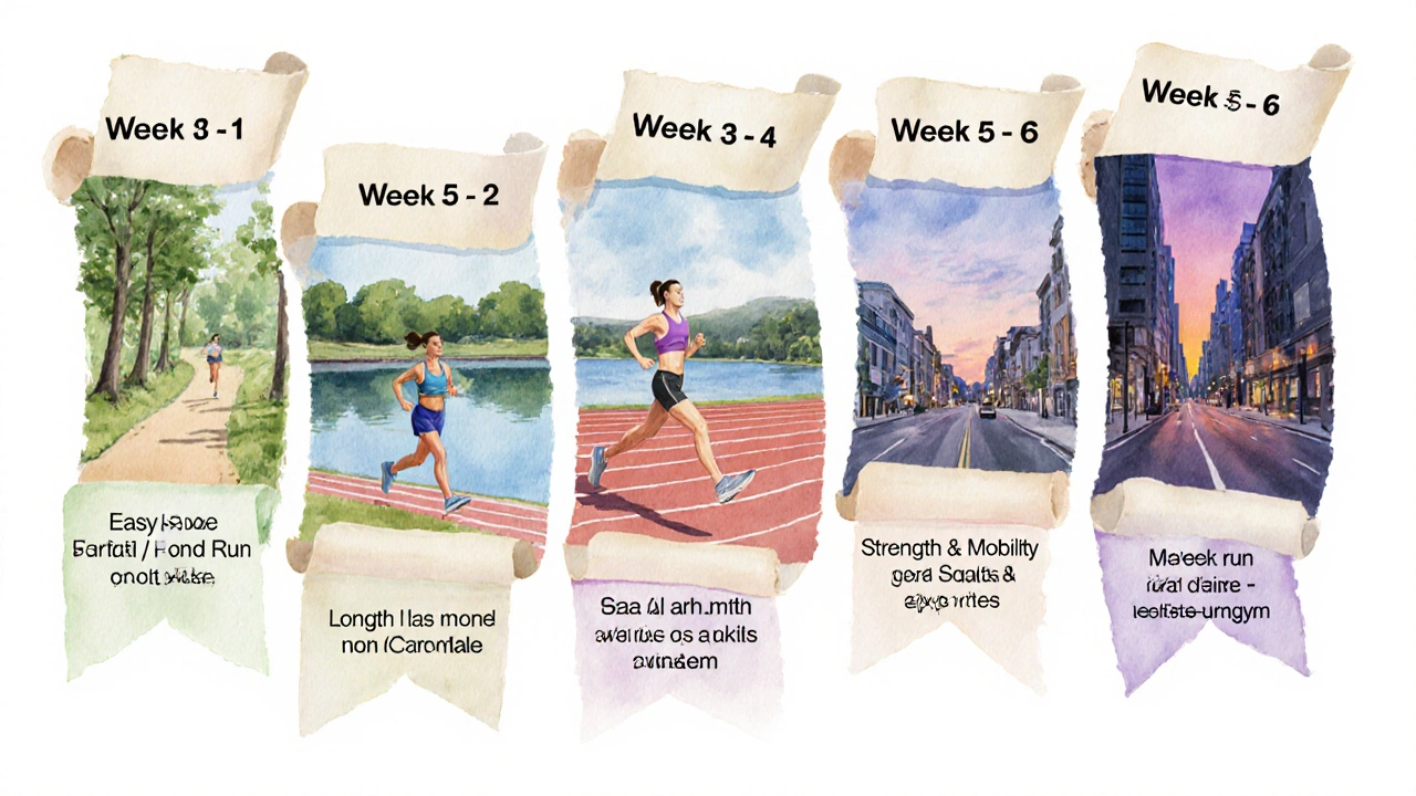 Watercolor timeline of a runner’s 10‑week training plan, from easy runs to intervals and strength work.