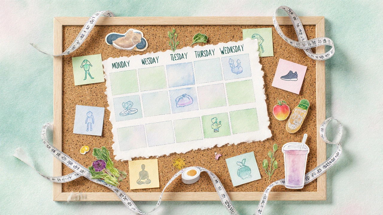 Watercolor weekly planner with workout icons, healthy foods, and measurement tools.