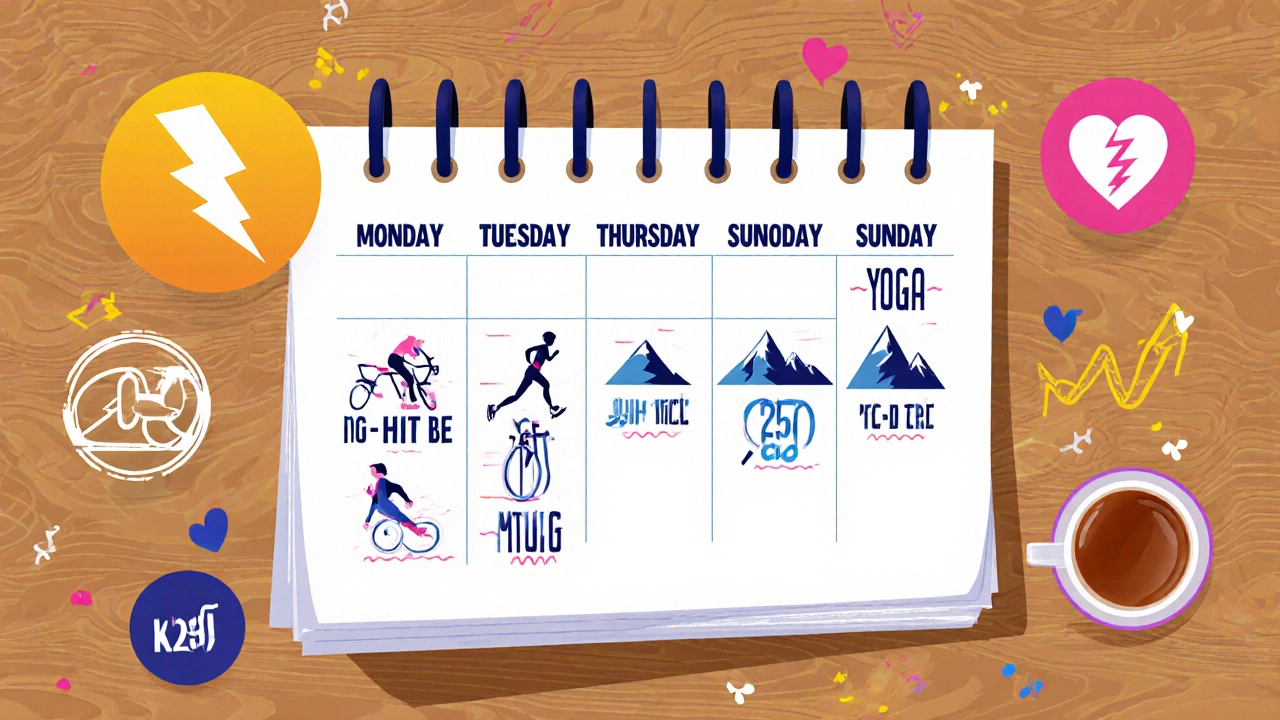 Weekly cardio schedule illustrated with icons for HIIT, jogging, yoga, cycling, hiking, and rest, plus calorie pop‑ups.