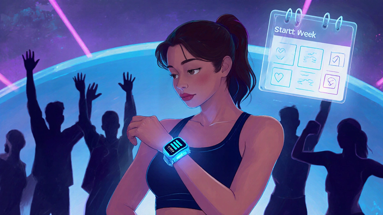 Woman checking smartwatch metrics, surrounded by supportive group.