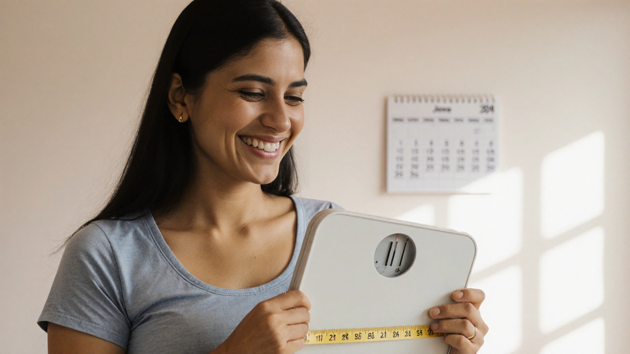 Woman measuring waist after month of short daily workouts.